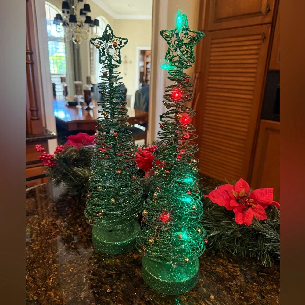 Green Wire Lighted Glittery Christmas Tree Set of 2